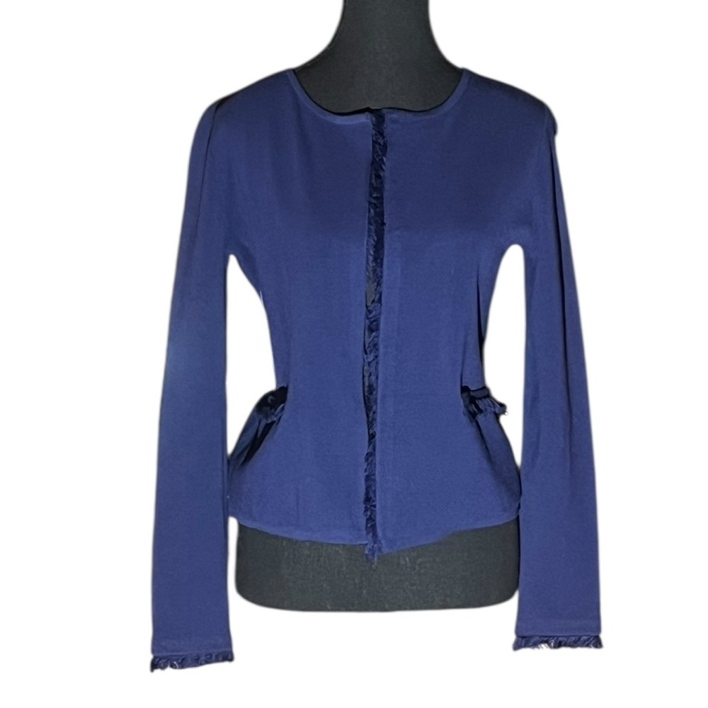 J MCLAUGHLIN DARK BLUE FRINGE TRIM OPEN FRONT CAREER CARDIGAN GREAT COND SM